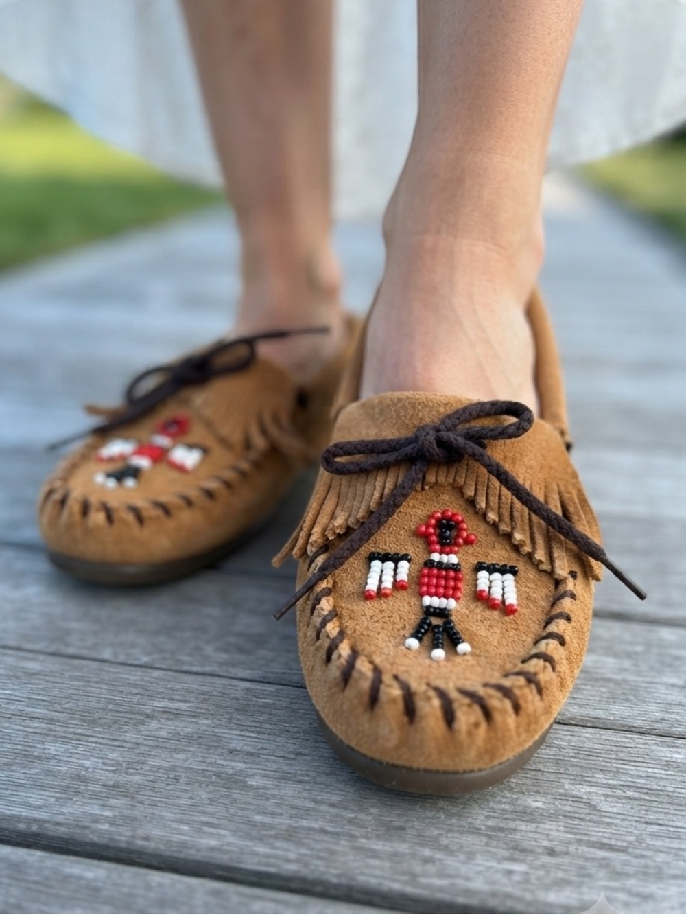Vtg NEW Minnetonka Moccasin Thunderbird beaded boat suede Shoes Flats slip ons